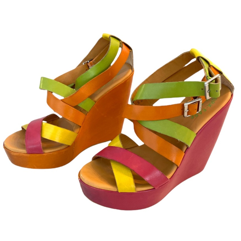 New RARE Kork-Ease Multicolor Leather Wedge Sandals — Orange, Pink, Yellow, Lime